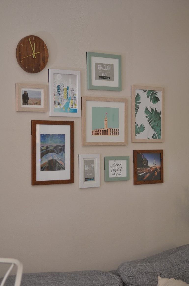 I put two strips on each frame and it worked out perfectly! The frames have been on the wall for a few weeks and haven't fallen. The strips just stick on to the frame, then to the wall and you leave the wall sticky for an hour before reattaching the frame. 